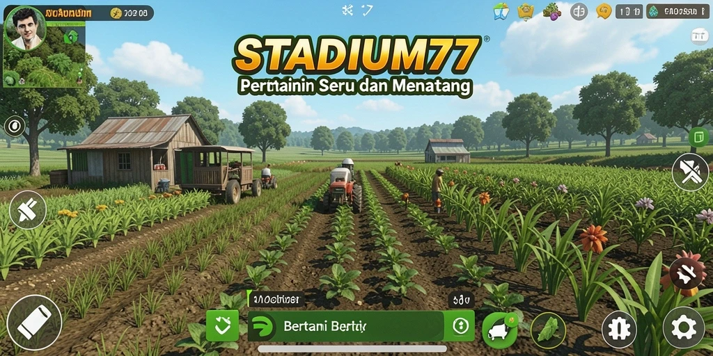 Antarmuka STADIUM77 yang menampilkan pemandangan ladang yang subur.